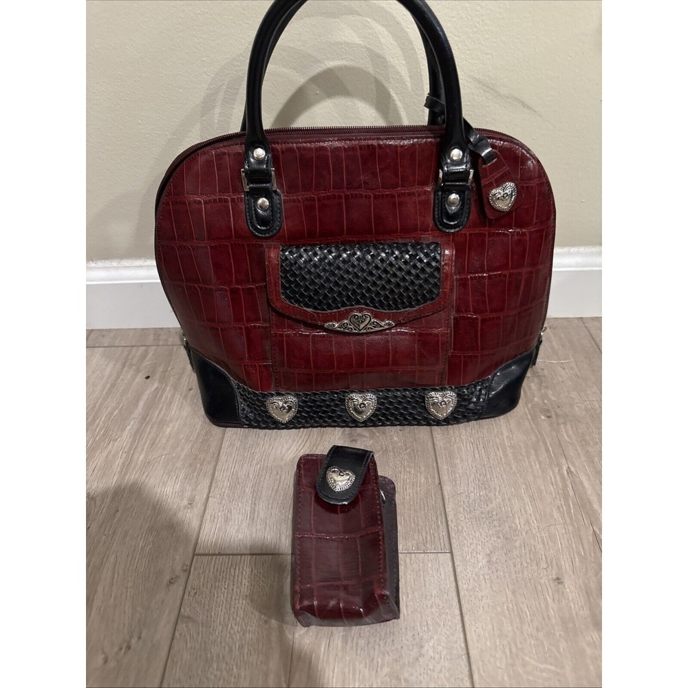 M C Marc Chantel Blue LEATHER Embossed Red‎ Maroon Heart Handbag Purse